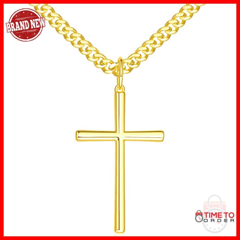 14K Gold Plated Cross Necklace for Men, Cuban Link Chain, 20-24in Lengths